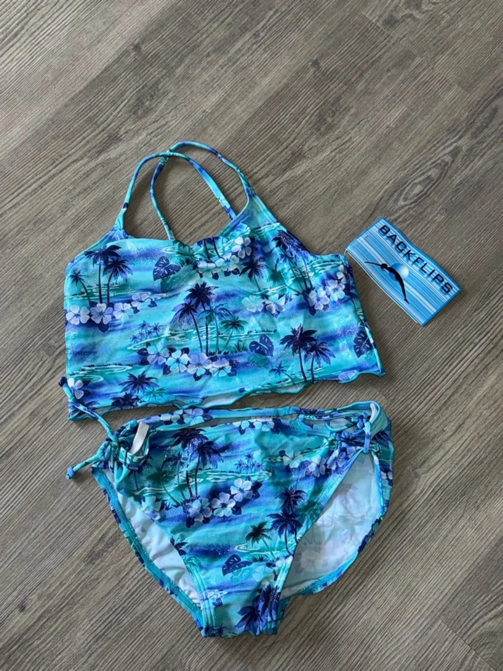 NWT Backflips Girls size 14 Aqua Tropical Two-Piece Swim Set